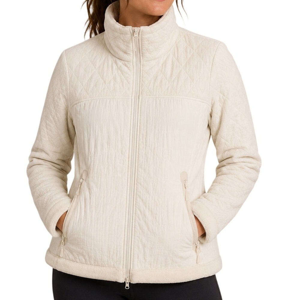 Athleta Cream White Mixed Media Quilted Fleece Full Zip Jacket Women's Large